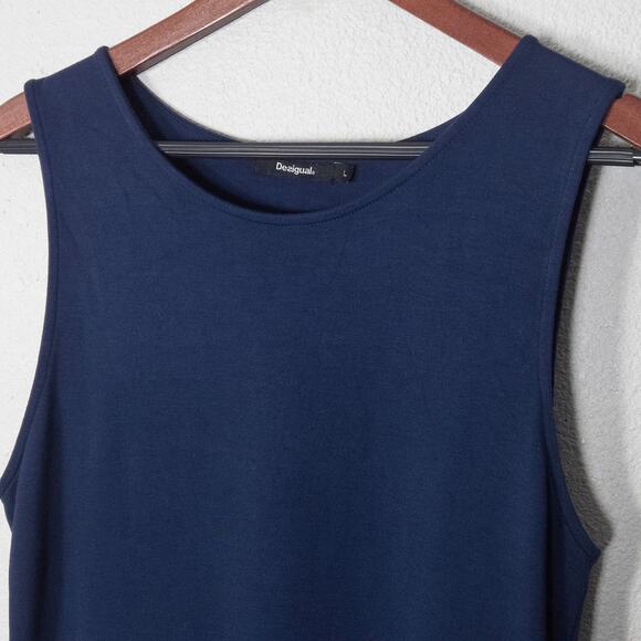 Desigual Navy Sleeveless Shift Dress Size L Botanical Hem Resort Boho - Picture 3 of 6